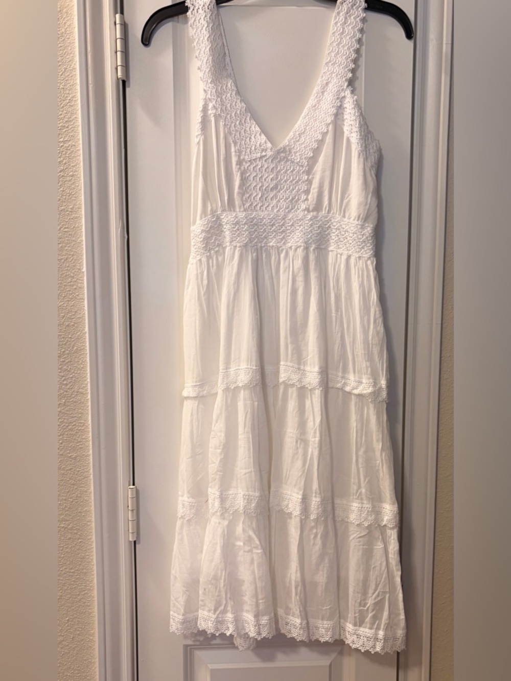 White Cotton Boho Tiered Maxi Dress with Lace Trim
